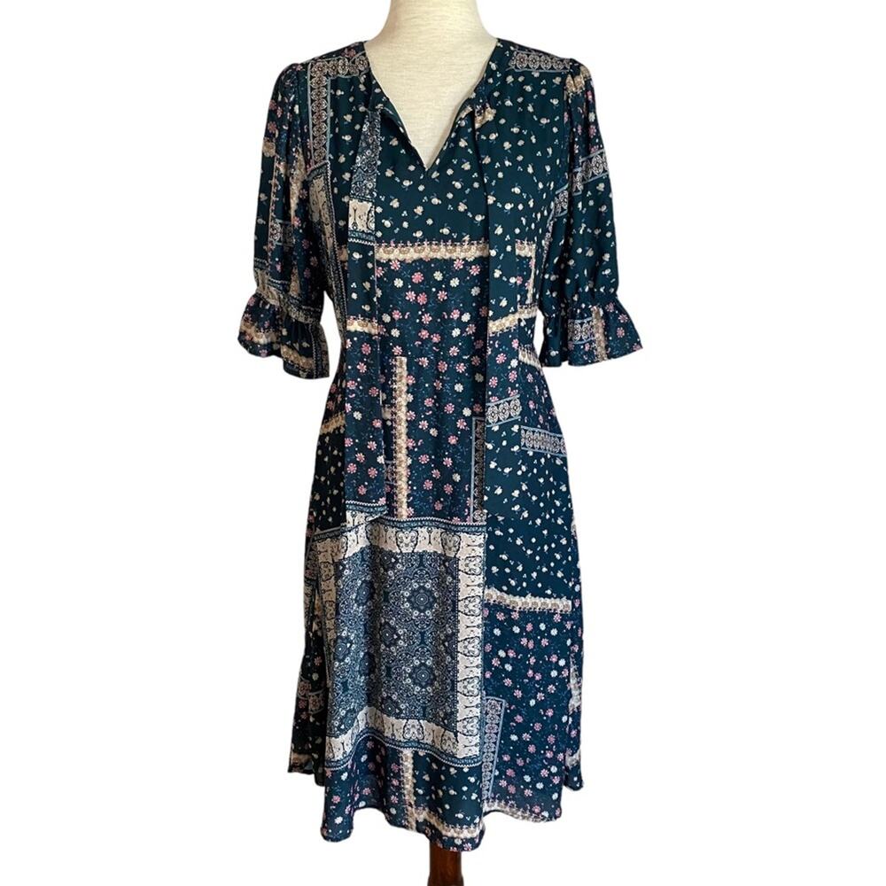 CHELSEA28 Green Blue Floral Patchwork Midi Dress Size Small Tie Neck Summer